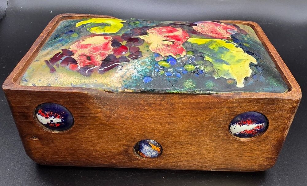 Vintage Spanish Enamel on Copper Wood Trinket Jewelry Box Made in Spain MCM